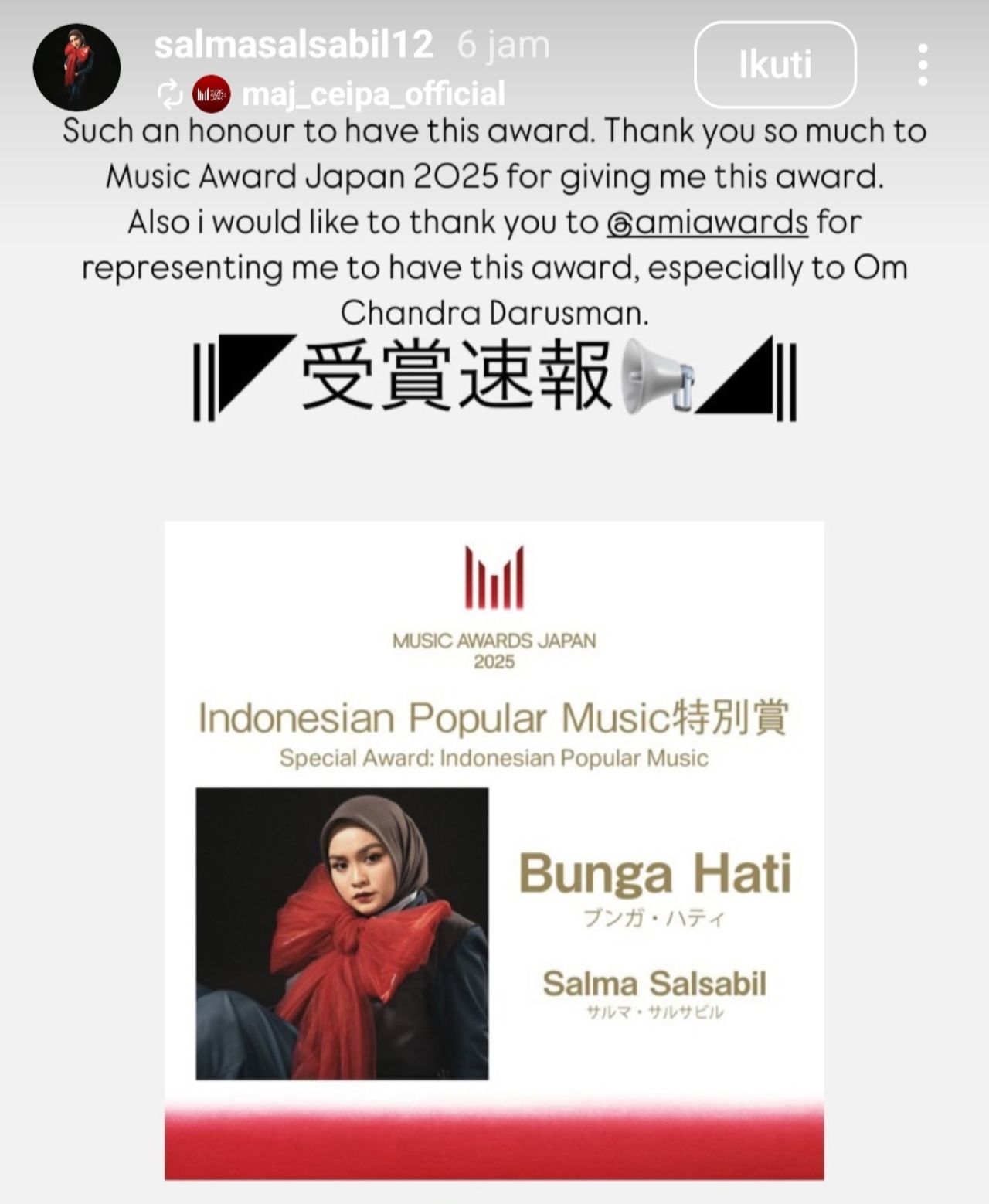 Salma Salsabil bangga dengan penghargaan spesial yang diraihnya di Music Awards Japan 2025. (Foto: Tangkapan layar Insta story)