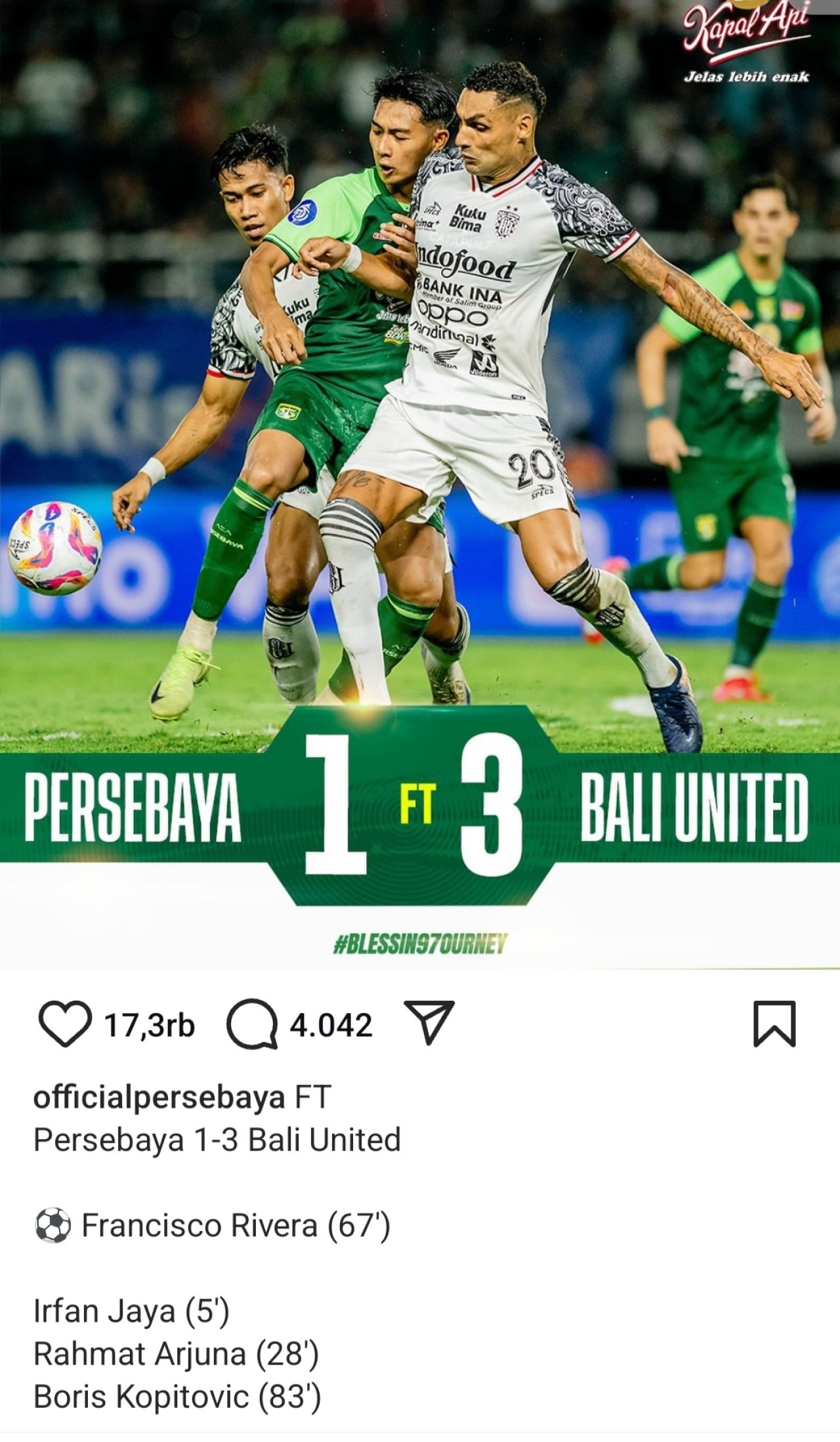 Persebaya Surabaya dipermalukan Bali United di kandang. (Foto: Instagram @officialpersebaya)