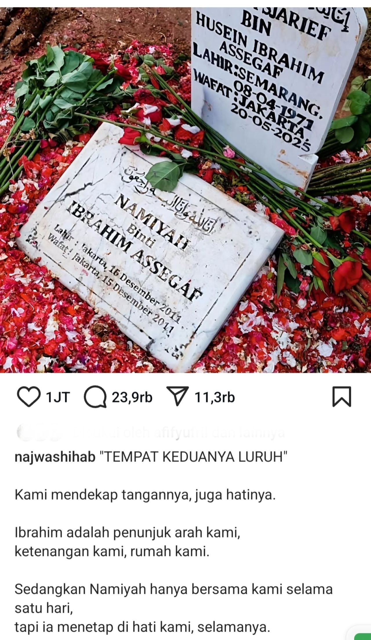 Najwa Shihab Mengenang almarhum suami dan putrinya yang sudah satu liang lahat. (Foto: Instagram)