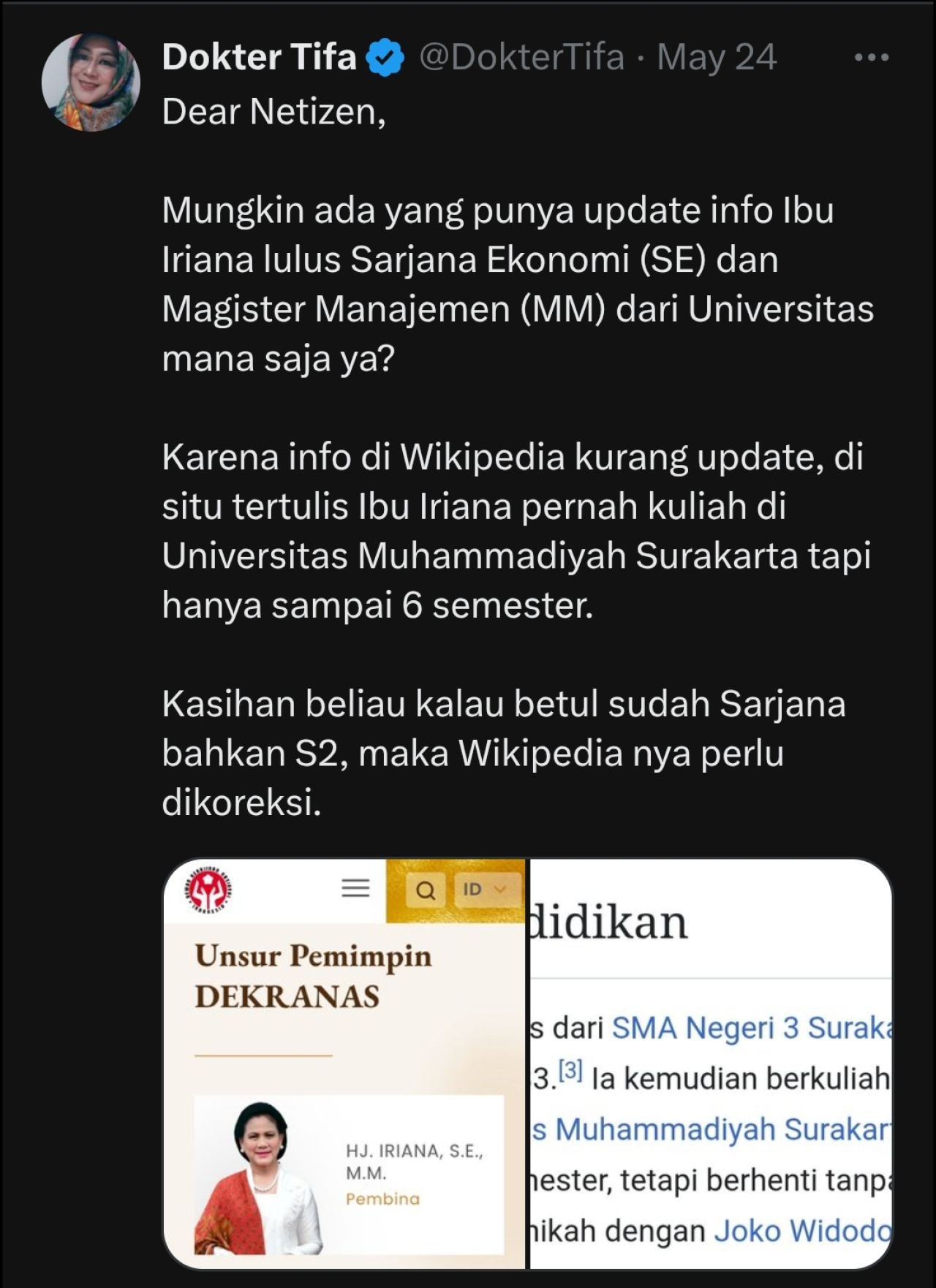Dokter Tifa menanyakan update gelar akademik Iriana Jokowi. (Foto: X @DokterTifa)