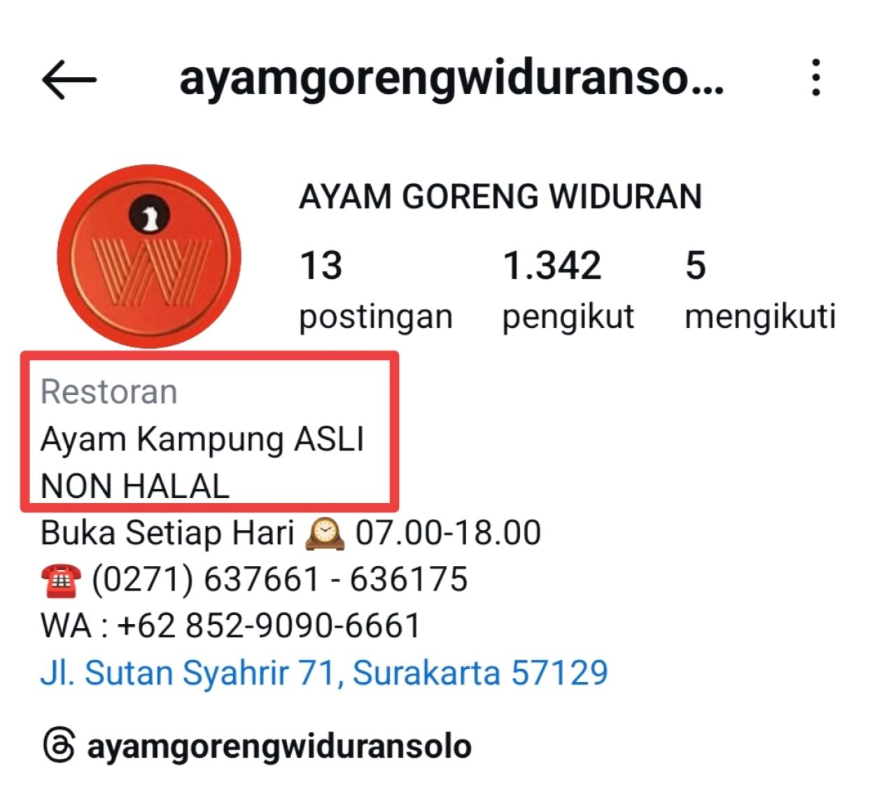Ayam Goreng Widuran Solo mencantumkan non halal di bio Instagram. (Foto: Tangkapan layar)