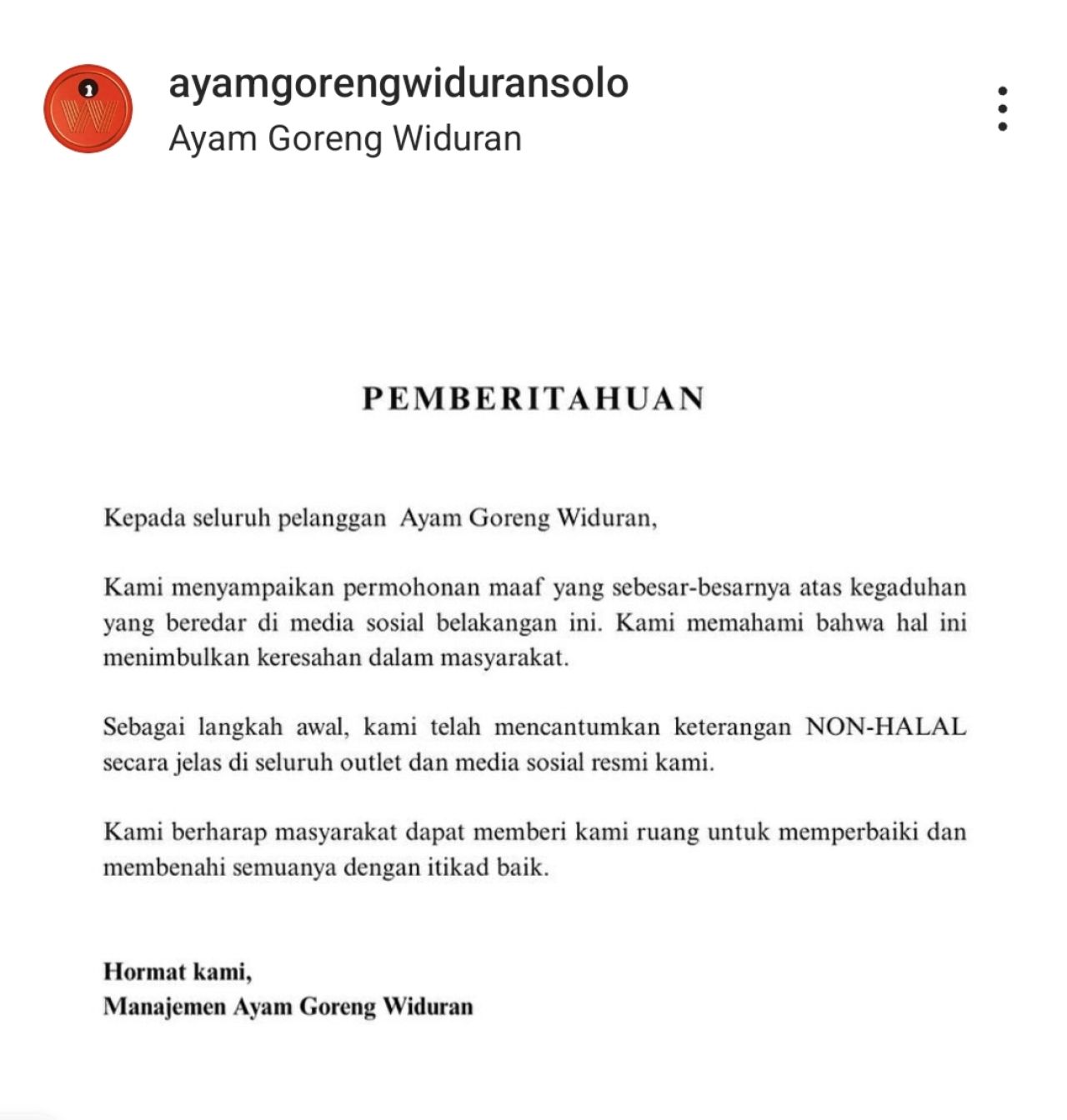 Permintaan maaf pihak manajemen Ayam Goreng Widuran Solo. (Foto: Instagram @ayamgorengwiduransolo)