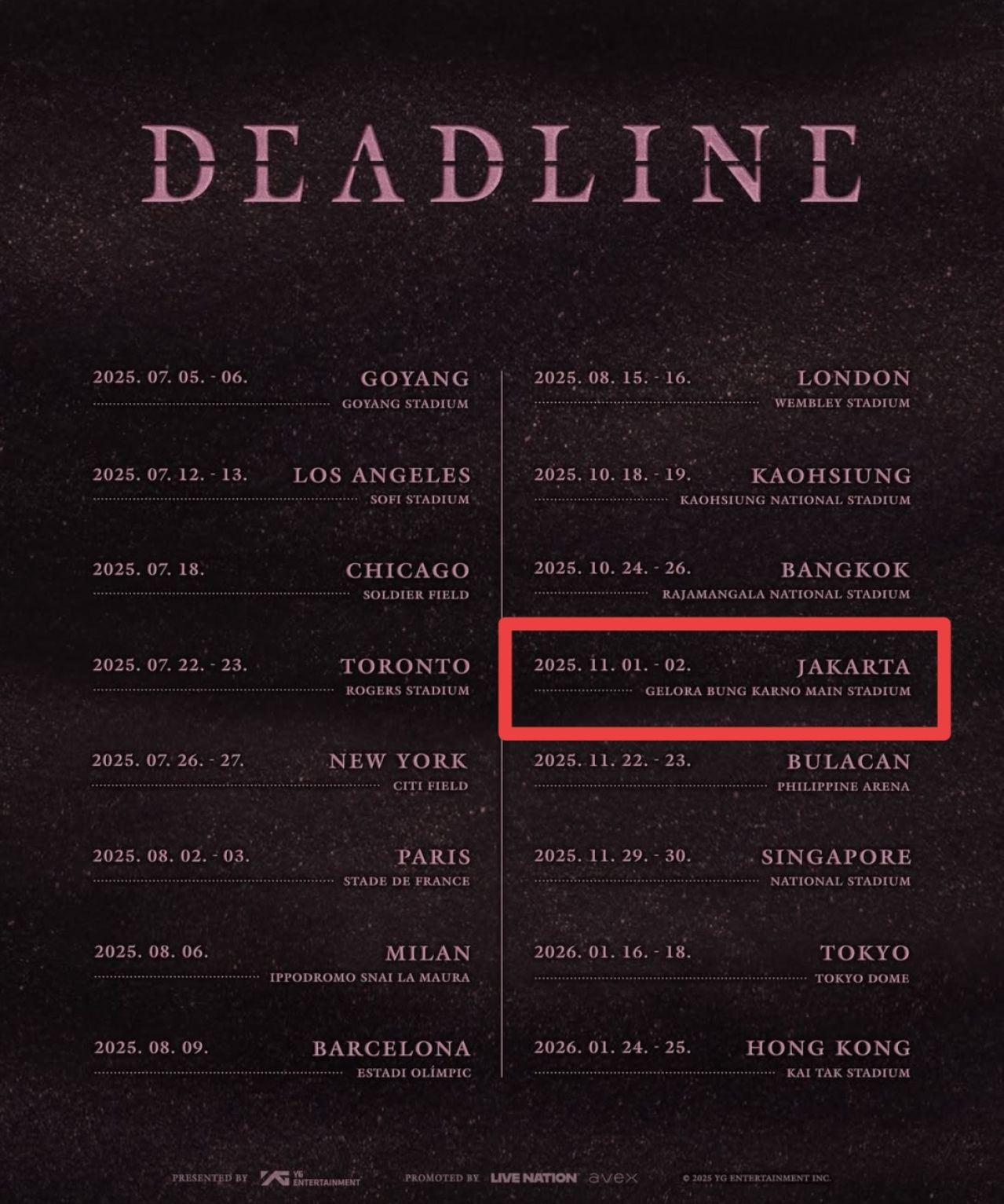 Agenda konser BLACKPINK di Jakarta (1-2/11/2025). (Foto: Instagram)