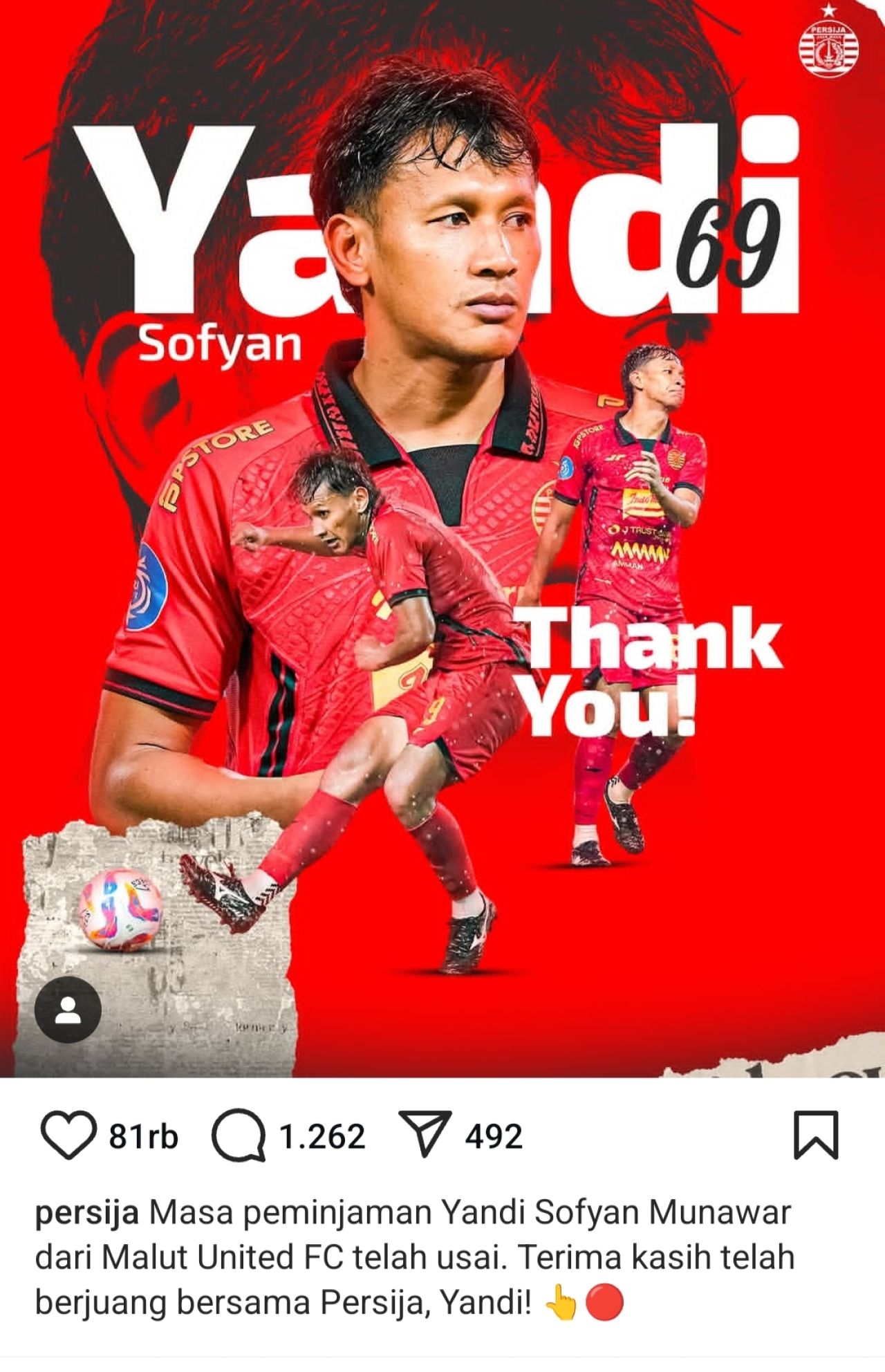Persija Jakarta mengembalikan Yandi ke klub asalnya, Malut United FC. (Foto: Instagram)