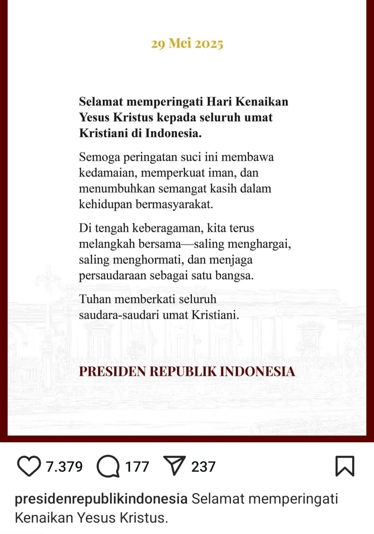Presiden Prabowo menyampaikan pesan damai di Hari Kenaikan Yesus Kristus. (Foto: Instagram @presidenrepublikindonesia)