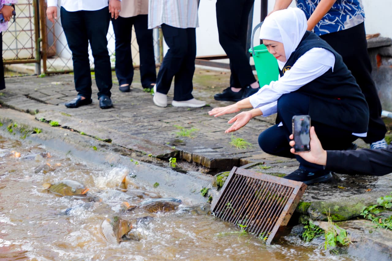 Gubernur Jawa Timur Khofifah Indar Parawansa meninjau Instalasi Perikanan Budidaya (IPB) Punten yang menjadi salah satu Instalasi Air Tawar milik Dinas Kelautan dan Perikanan Jatim, Kota Batu. (Foto: Istimewa)