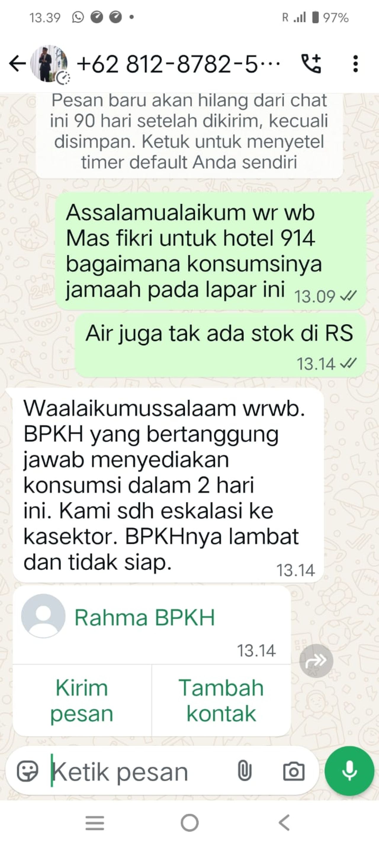 Tangkapan layar jawaban PIC Konsumsi Hotel Sahwat Al Miead Makkah saat ditanya tentang jatah makan jamaah haji.