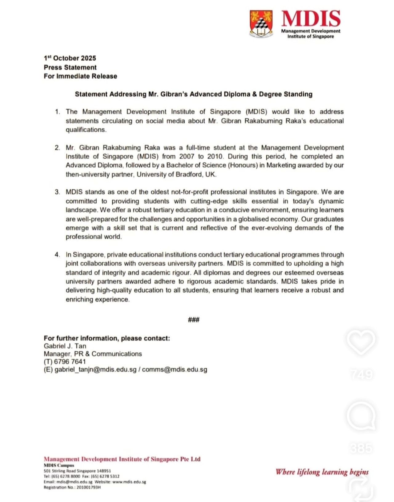 Pernyataan resmi MDIS.